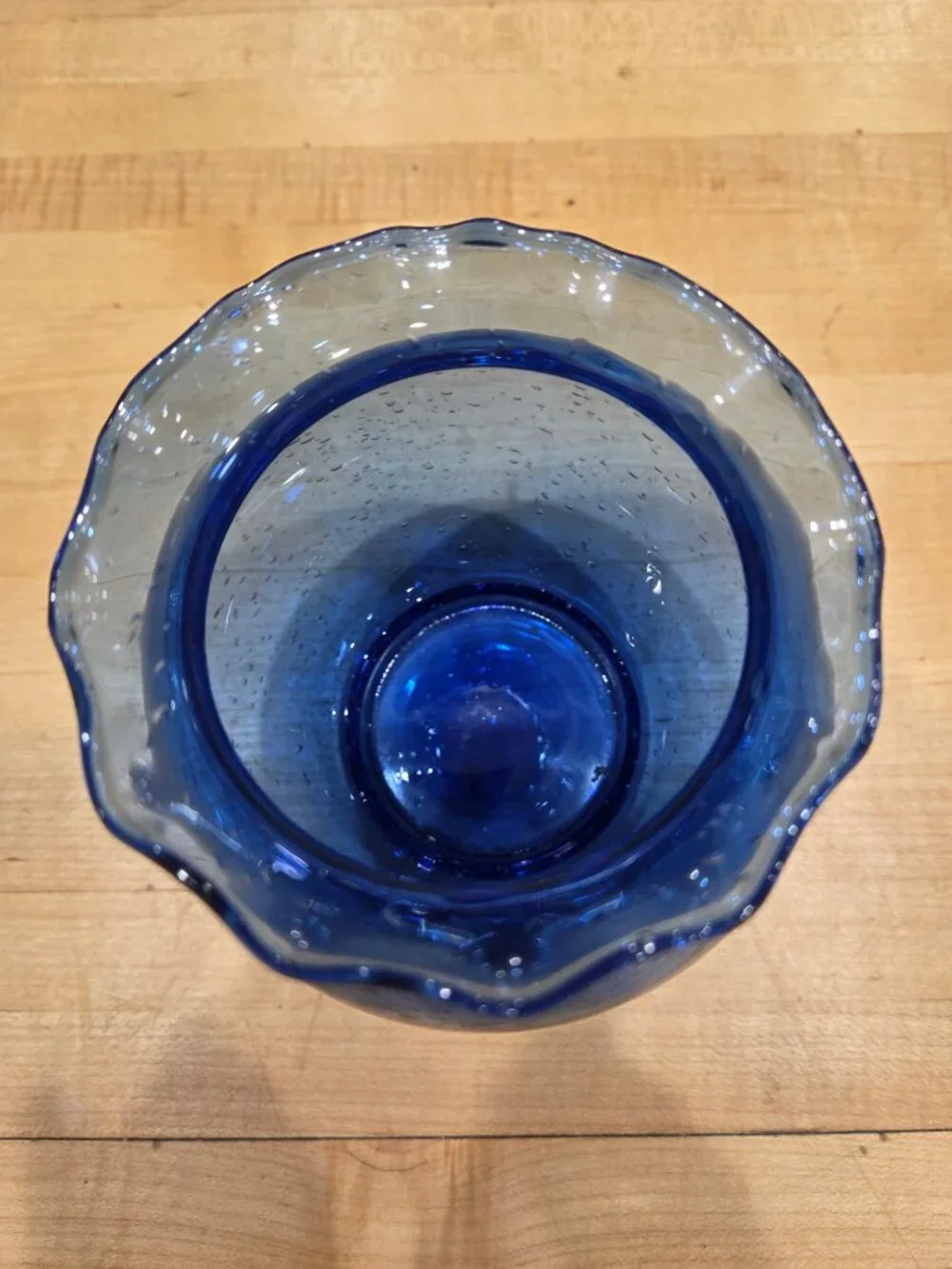 Vintage Pilgrim Glass Cobalt Blue Seeded Bubble Ruffled Rose Bowl Vase